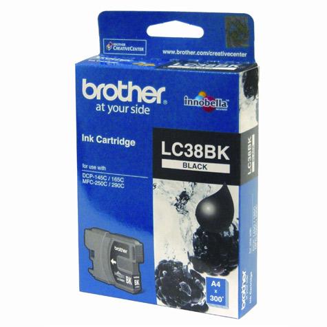 Brother LC-38BK Black Ink Cartridge designed for DCP-145C/165C/195C/375CW printers, showcasing its sleek design and packaging.